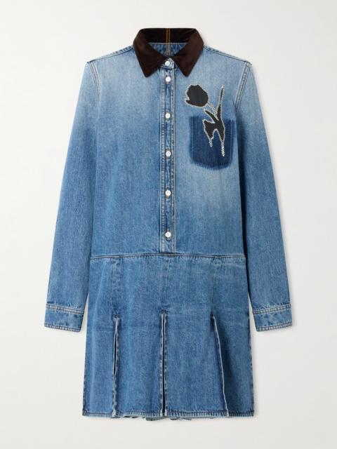 Marni Velvet-trimmed Appliquéd Pleated Denim Mini Dress