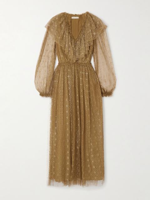 ULLA JOHNSON Helena ruffled metallic lace midi dress Gold