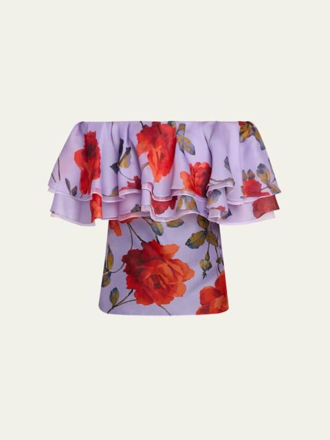 CAROLINA HERRERA Rose Chiffon Off-The-Shoulder Ruffle Top