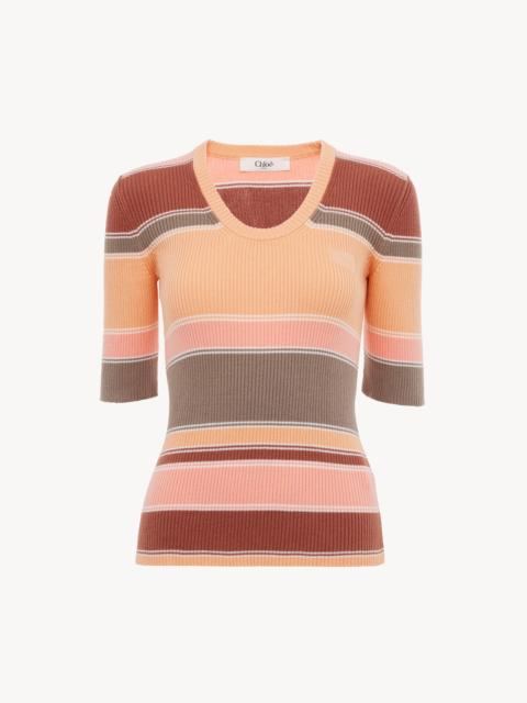 Chloé ELBOW-SLEEVE FITTED LOGO TOP IN COTTON KNIT