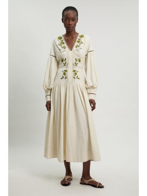 KAREN MILLEN Rose Embroidered Cotton Twill Woven Long Sleeve Maxi Dress