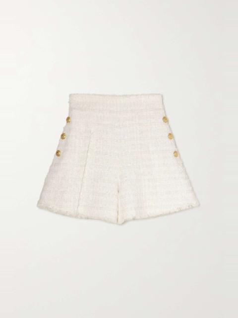 Button-embellished frayed tweed shorts