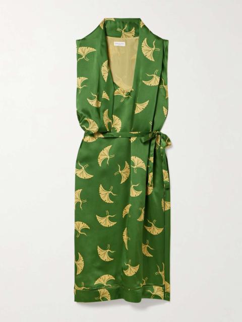 Draped belted printed silk-satin midi dress