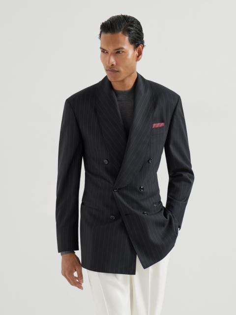 Brunello Cucinelli Super 150s virgin wool chalk stripe one-and-a-half breasted tuxedo jacket with shawl lapels