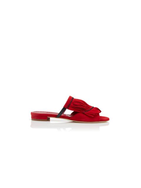 Manolo Blahnik Red Suede Fringe Detail Flat Sandals