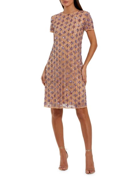 MAC DUGGAL Women's Cocktail Beaded Mesh T-Shirt Knee-Length Dress - Beige Lilac