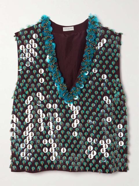 Sequin and bead-embellished satin vest