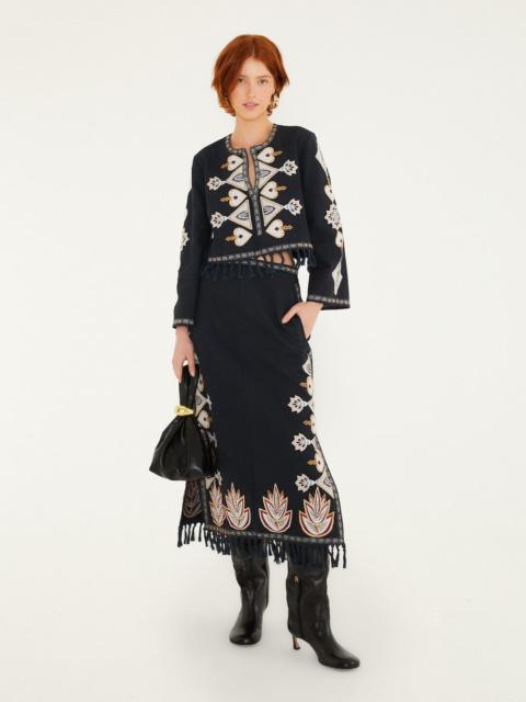 FARM RIO Embroidered Fringe Midi Skirt