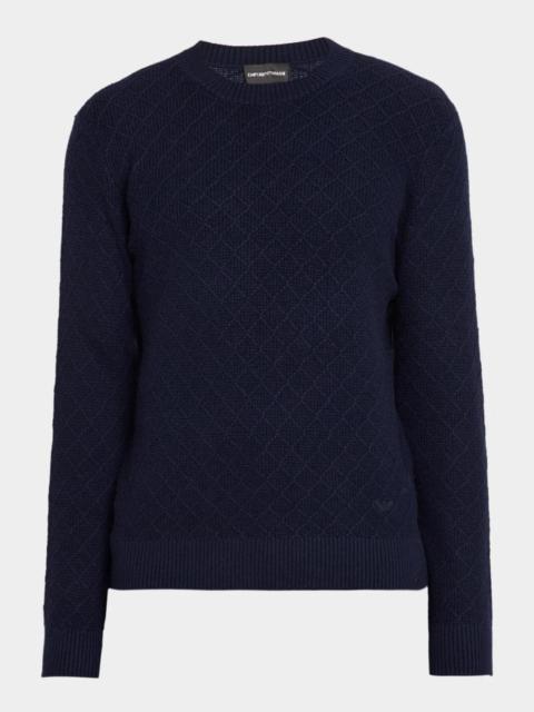 EMPORIO ARMANI Men's Wool-Cashmere Diamond Grid Crewneck Sweater