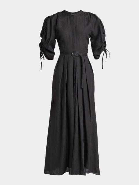 GABRIELA HEARST Linnea Ruched-Sleeve Pleated Linen Maxi Dress With Belt