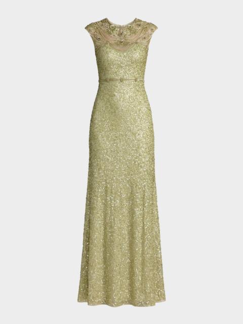 MAC DUGGAL Cap-Sleeve Beaded Mesh Column Gown