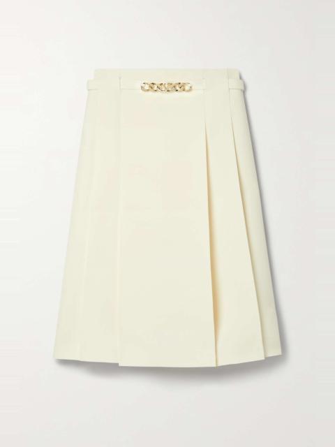 Chain-embellished pleated wool and silk-blend skirt