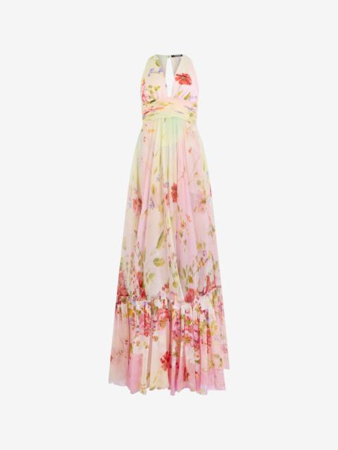 Roberto Cavalli Long Chiffon Dress with Miami Flowers Print