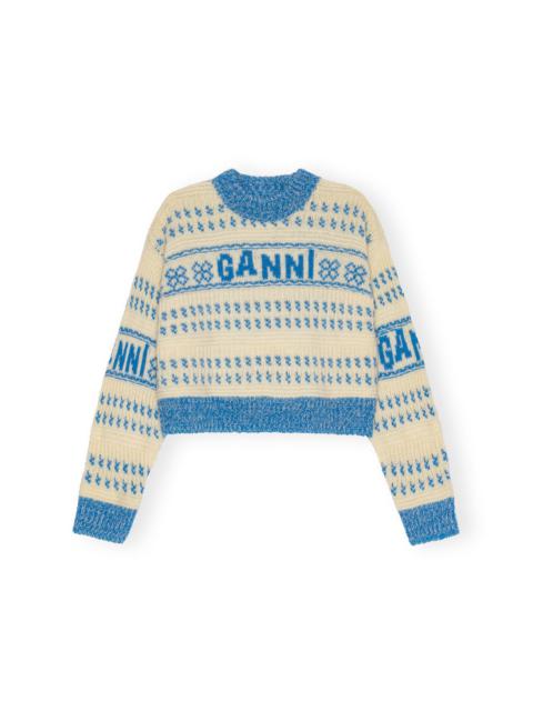 GANNI BLUE LAMBSWOOL CROPPED O-NECK PULLOVER