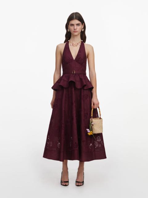 self-portrait Plum Linen Blend Peplum Midi Dress
