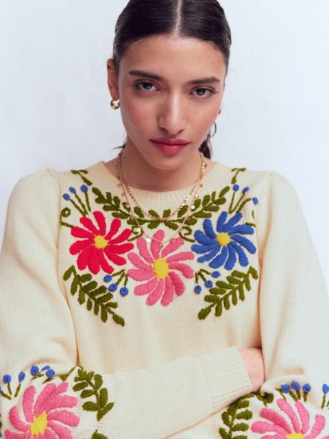 BODEN Davina Puff Sleeve Sweater-Ivory Embroidery