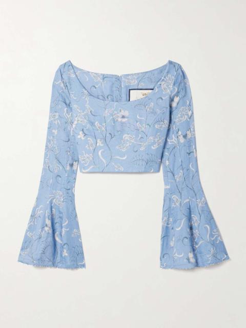 Agua by Agua Bendita Limoncillo Lymanopoda cropped bead-embellished printed linen top Blue