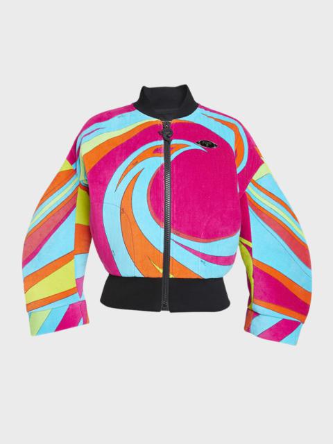 Swirl-Print Velour Bomber Jacket