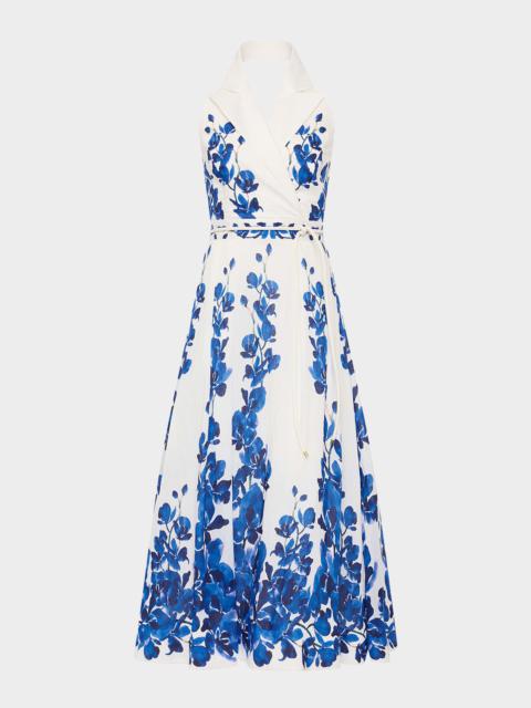 REBECCA VALLANCE Orchid Blues Pleated Floral-Print Midi Dress