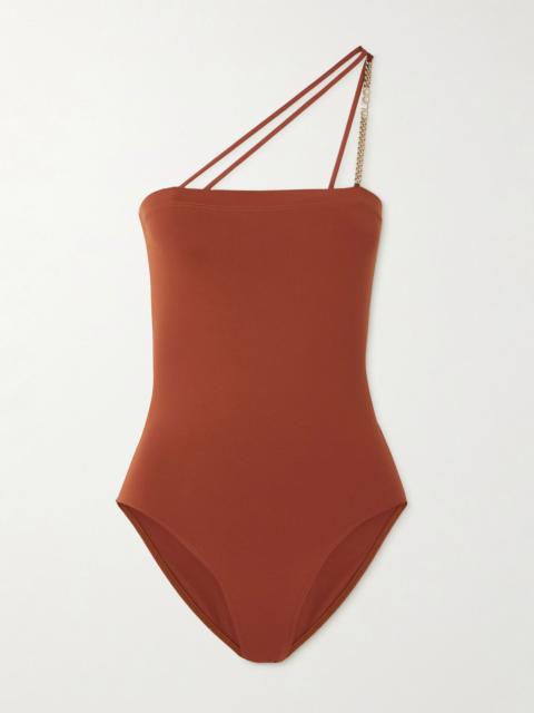 GUCCI One-shoulder chain-embellished swimsuit Brown