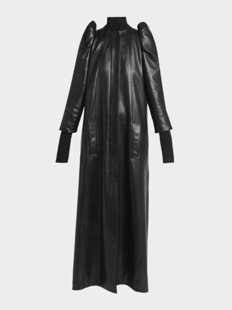 Alexander McQueen Structured Puff-Sleeve Long Leather Coat