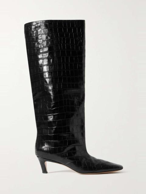 Croc-effect leather knee boots