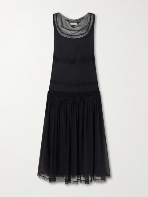 TORY BURCH Pleated Lace-trimmed Silk-georgette Midi Dress