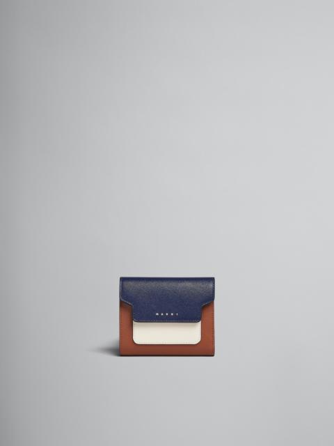 Marni BLUE WHITE AND BROWN SAFFIANO LEATHER TRI-FOLD WALLET