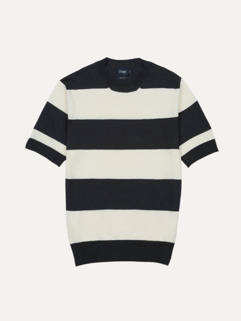 Drake's Ecru and Charcoal Stripe Crew Neck Knitted T-Shirt
