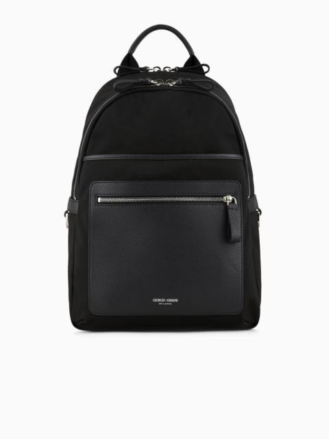 GIORGIO ARMANI RECYCLED-NYLON AND PEBBLED-LEATHER BACKPACK