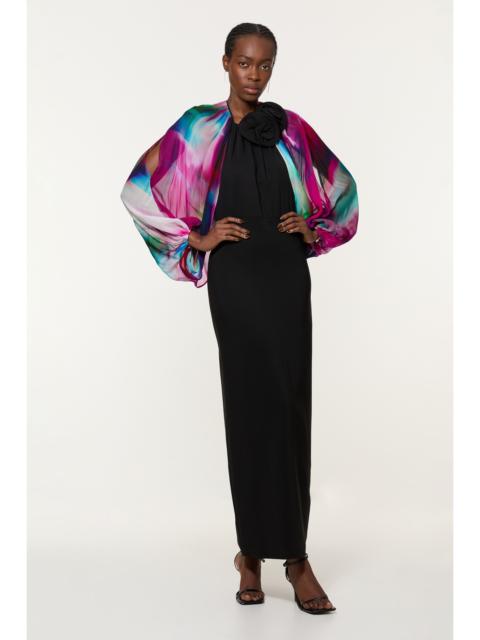 KAREN MILLEN Printed Viscose Cady Cold Shoulder Maxi Dress With Viscose Georgette Cowl Back
