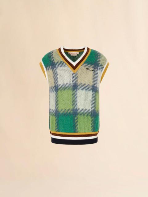 Marni GREEN CHECKED MOHAIR VEST WITH STRIPED TRIMS