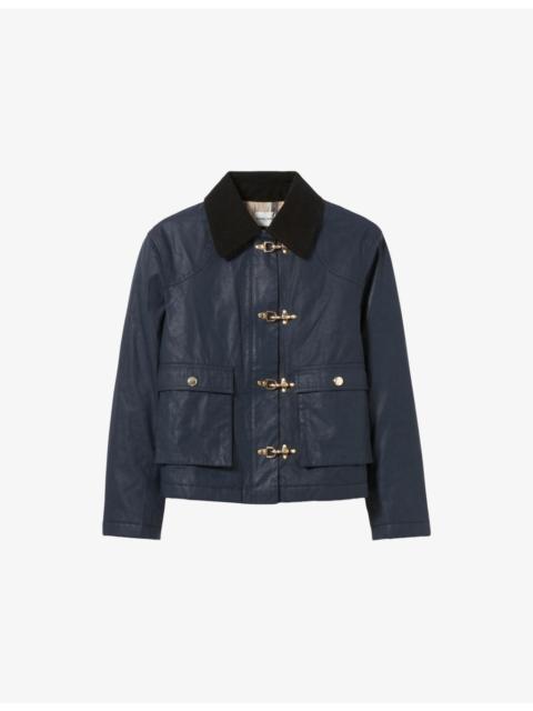 Claudie Pierlot Contrast-Collar Short Waxed Parka Coat