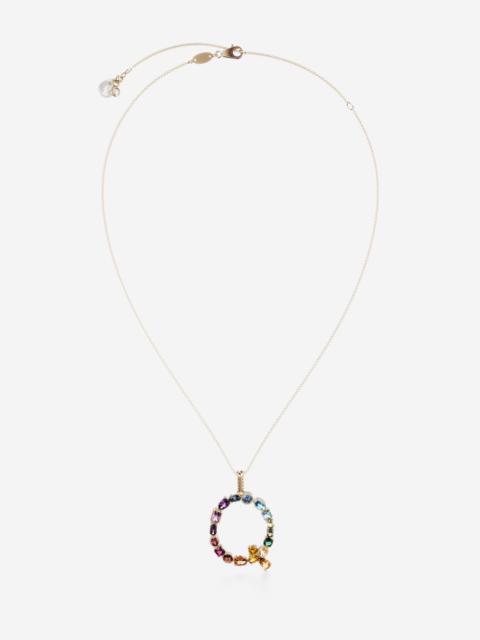 Rainbow alphabet Q pendant in yellow gold with multicolor fine gems