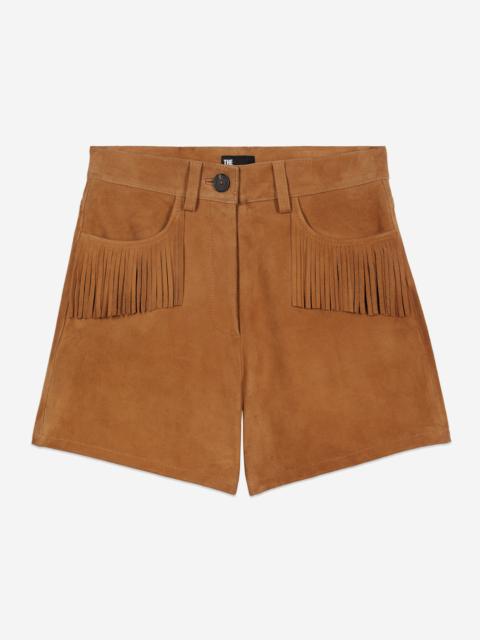 The Kooples CAMEL LEATHER SHORTS WITH FRINGES