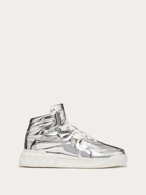 Valentino ONE STUD MID-TOP SNEAKER IN MIRROR-FINISH SYNTHETIC FABRIC
