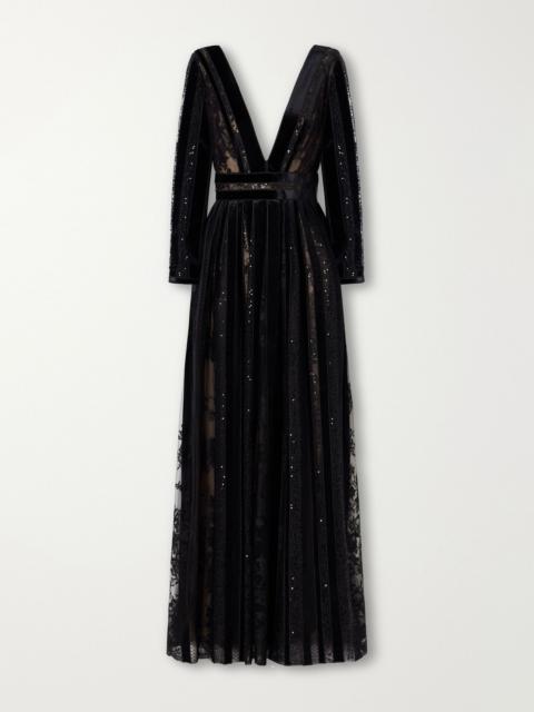 COSTARELLOS Malena sequin-embellished velvet-trimmed lace gown Black