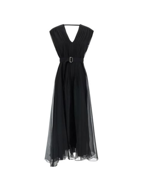 pleated V-neck silk maxi dress