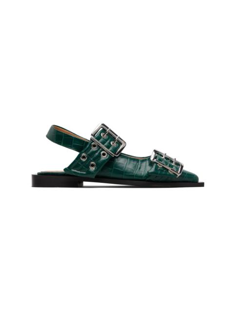 GANNI Green Feminine Buckle Ballerina Flats