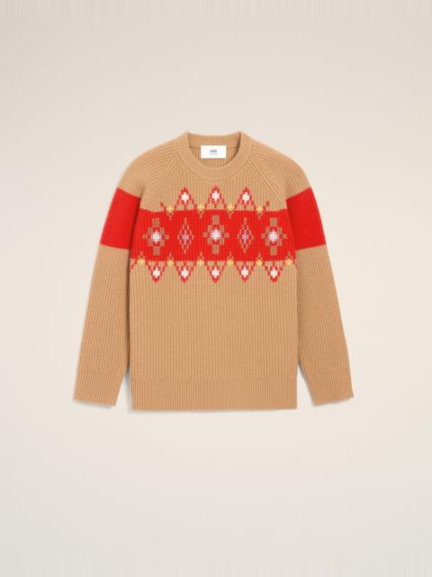 AMI Paris BROWN WOOL ROUND COLLAR WITH CROSS STITCH SWEATER