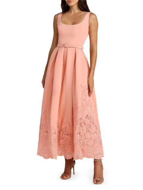 MAC DUGGAL Women's Floral-Lace Crepe Belted Midi-Dress - Peach