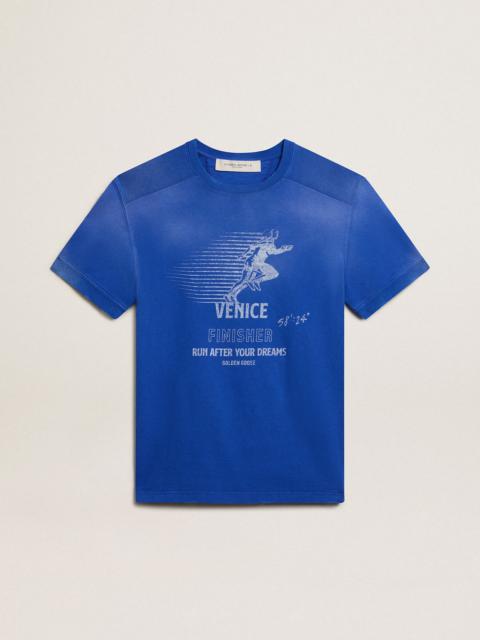 Golden Goose Blue cotton T-shirt with Marathon poster on the front