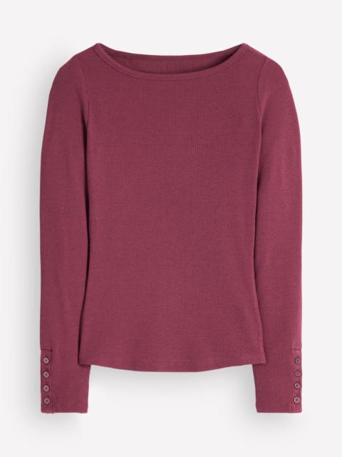 BODEN Button Cuff Ribbed Boatneck-Maroon