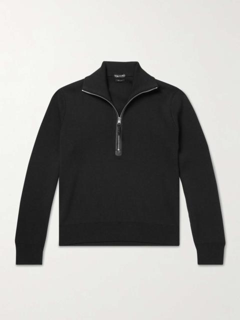 Leather-Trimmed Ribbed Merino Wool Half-Zip Sweater