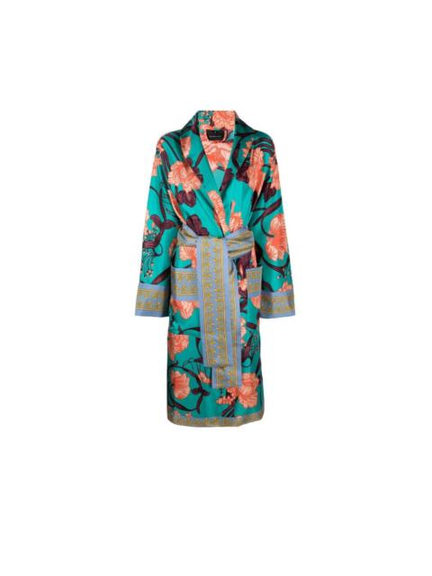 VERSACE Blue Art Deco Flowers printed silk robe