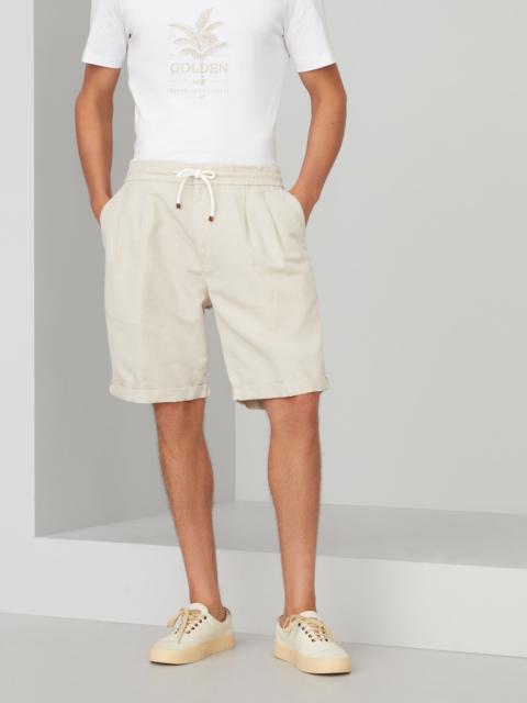 Garment-dyed Bermuda shorts in twisted linen and cotton gabardine with drawstring and double pleats