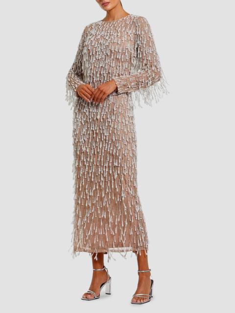 MAC DUGGAL Women's Pearl Fringe Mesh Midi-Dress - Ivory Beige