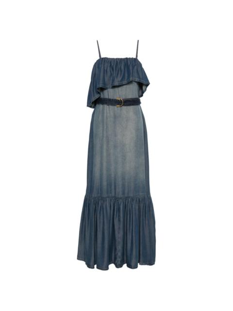 PINKO ruffled belted denim maxi dress