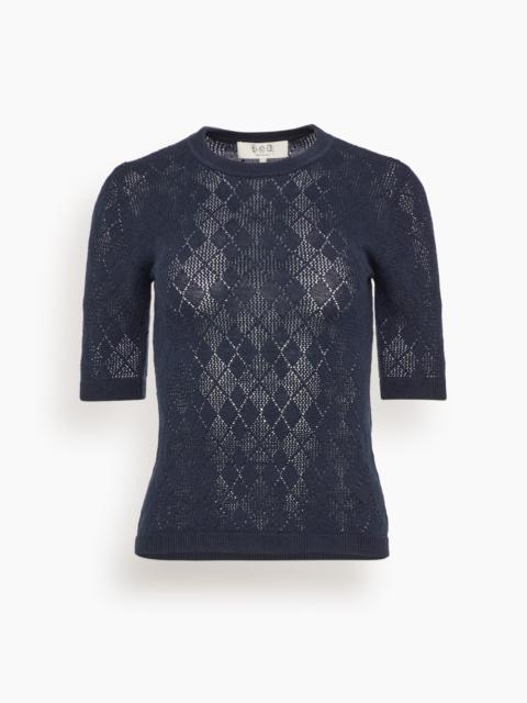 Sea Jane Argyle Short Sleeve Crew Sweater in Navy