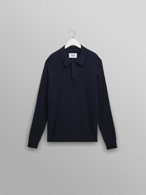 Wax London Oban - Navy Diamond Stripe Knitted Polo